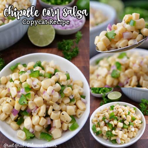 A three photo collage of Chipotle Corn Salsa in white bowls, with half a lime in the background and diced red onion.