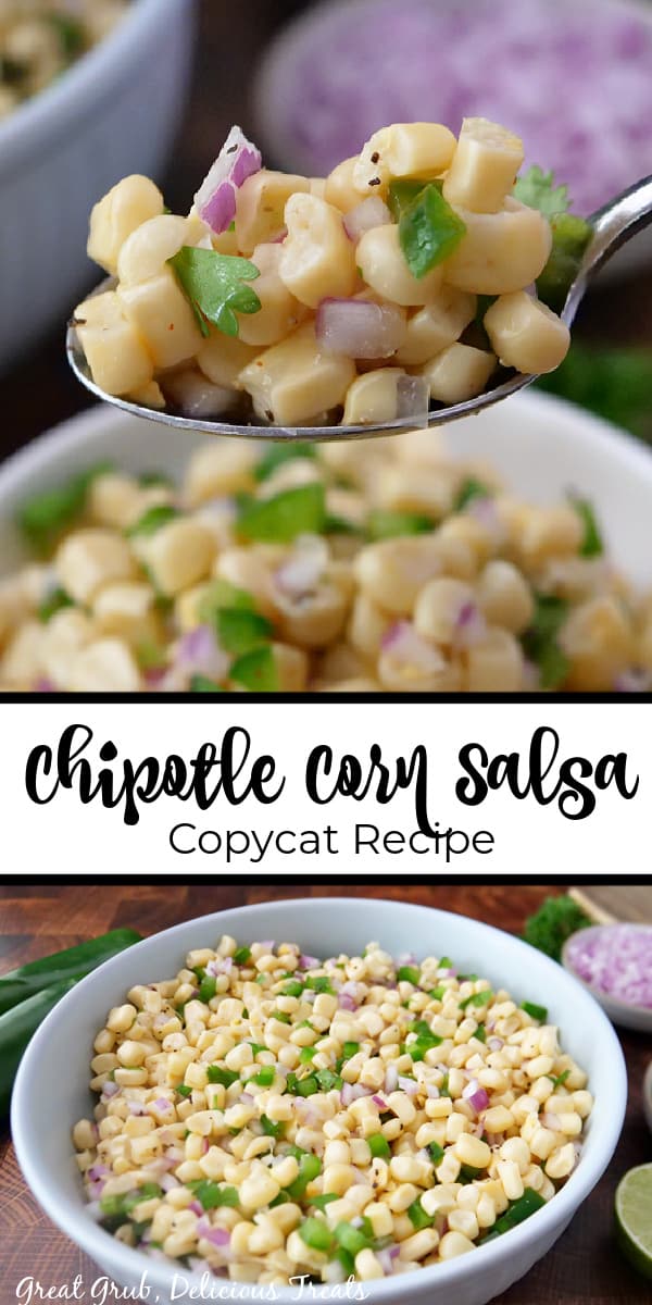 Chipotle Fresh Tomato Salsa is an easy copycat recipe that you can quickly throw together. A double photo collage of corn salsa in a large bowl, a spoonful of salsa, and the title in between both pics.