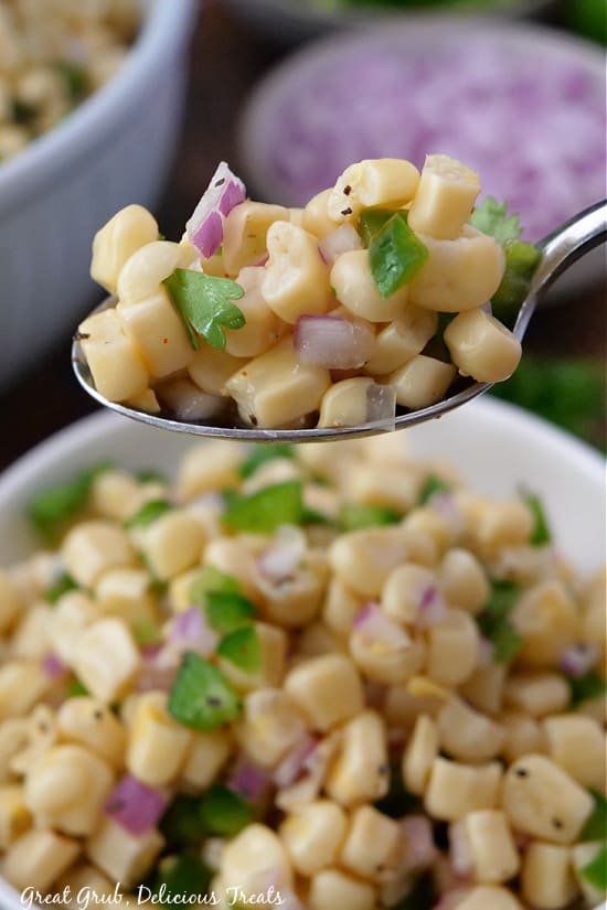 Chipotle Fresh Tomato Salsa is a flavorful and delicious salsa that makes a great topping to your favorite Mexican meal. A large bite of Chipotle corn salsa on a spoon.