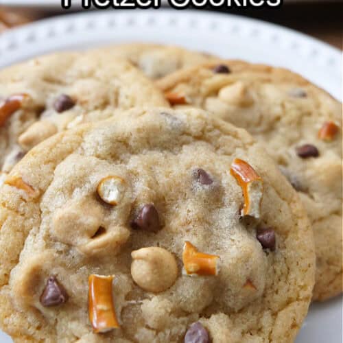 A close up of a few cookies on a white plate with the title of the recipe at the top center of the photo.