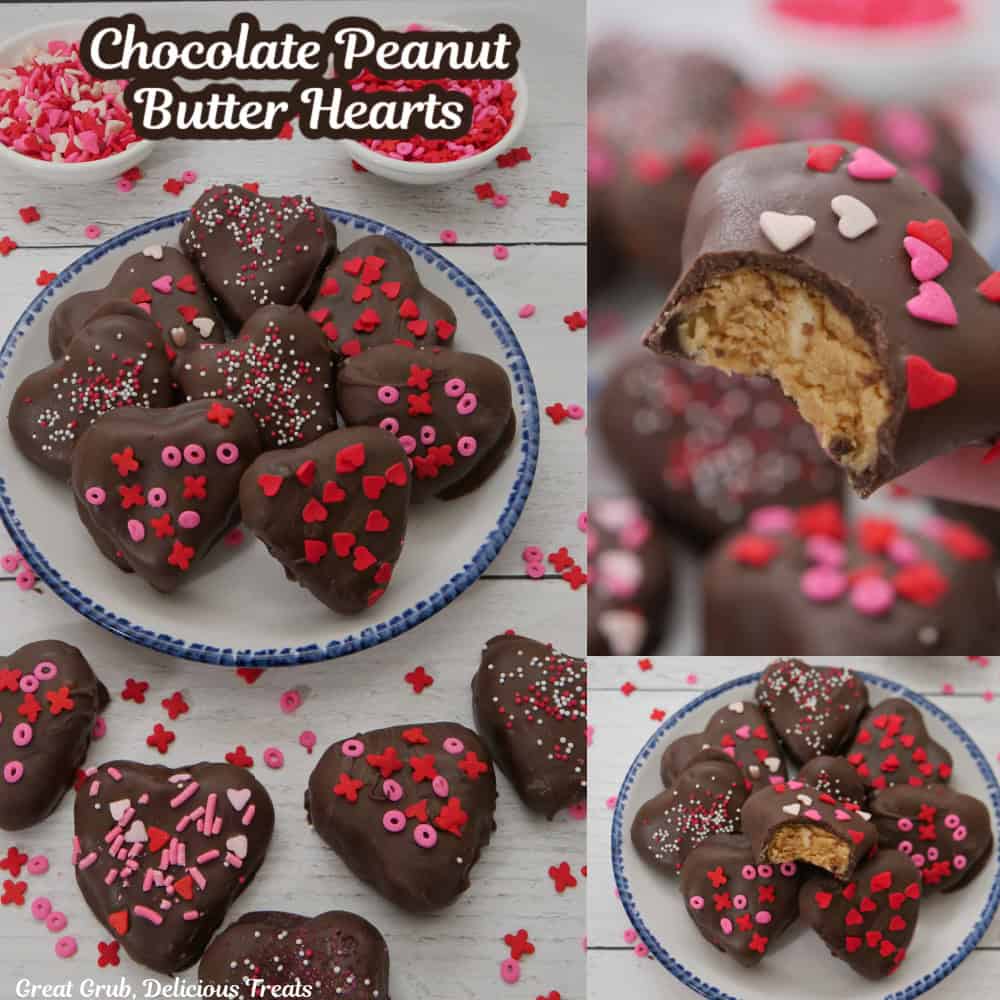 A three photo collage of chocolate peanut butter hearts with Valentine sprinkles on them.