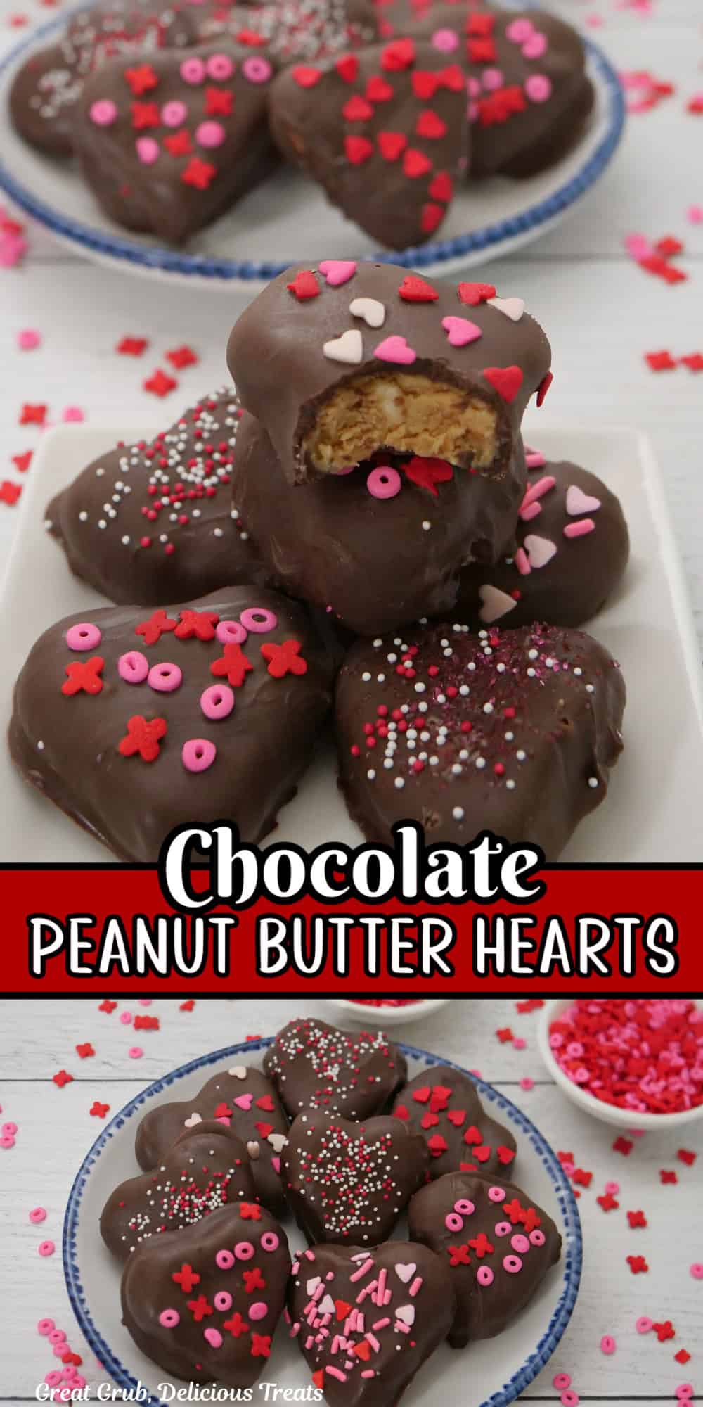 A double photo collage of chocolate covered peanut butter hearts with the title overlay in the center.