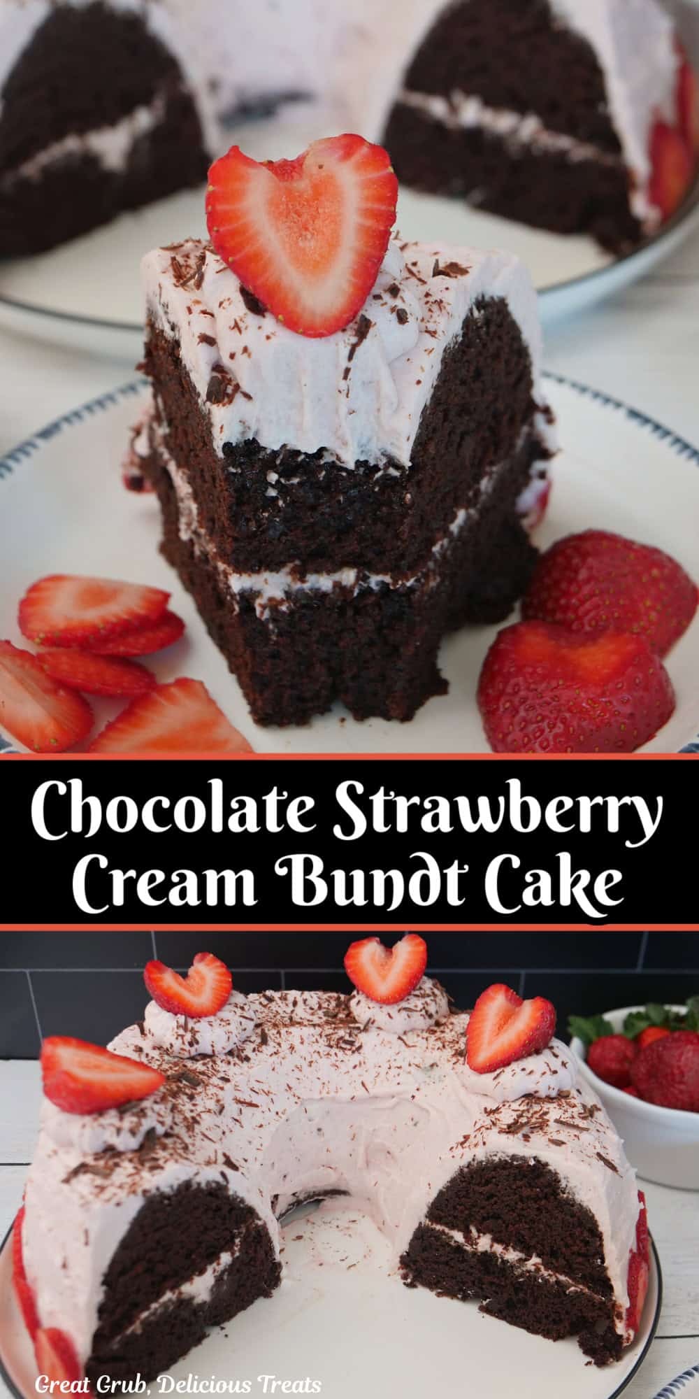 Two photo panel of a chocolate bundt cake with strawberry frosting, and the title overlay in the center.