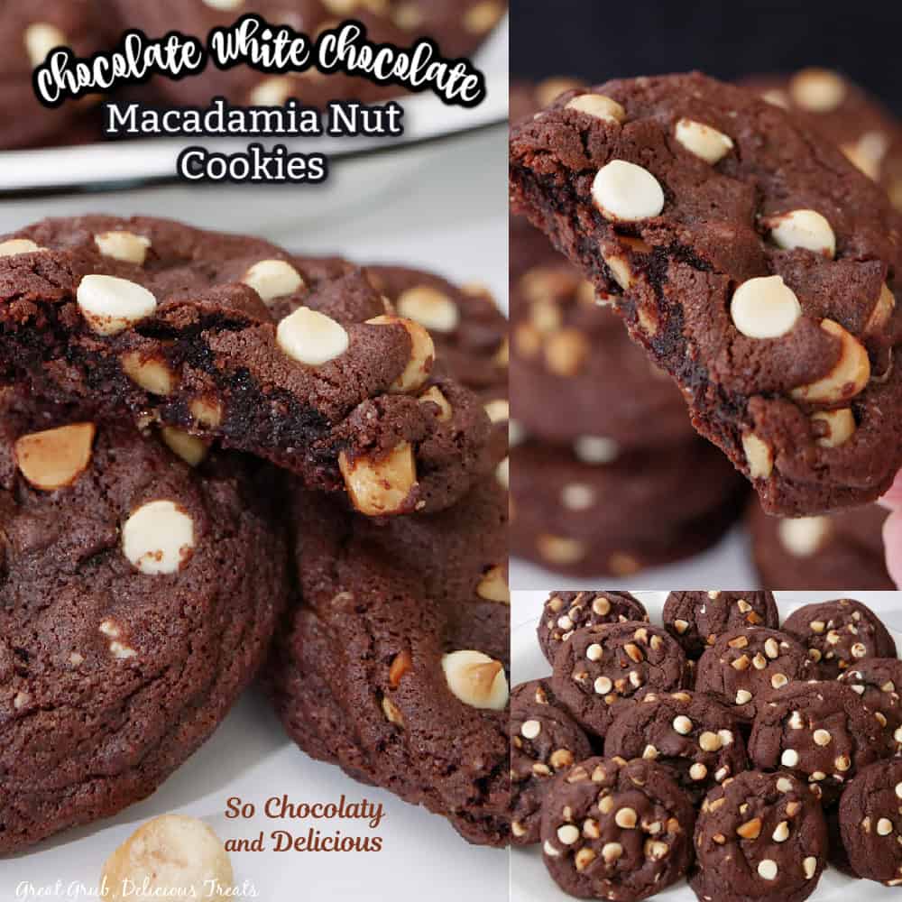 A three collage photo of chocolate white chocolate macadamia nut cookies with the title of the recipe at the top.