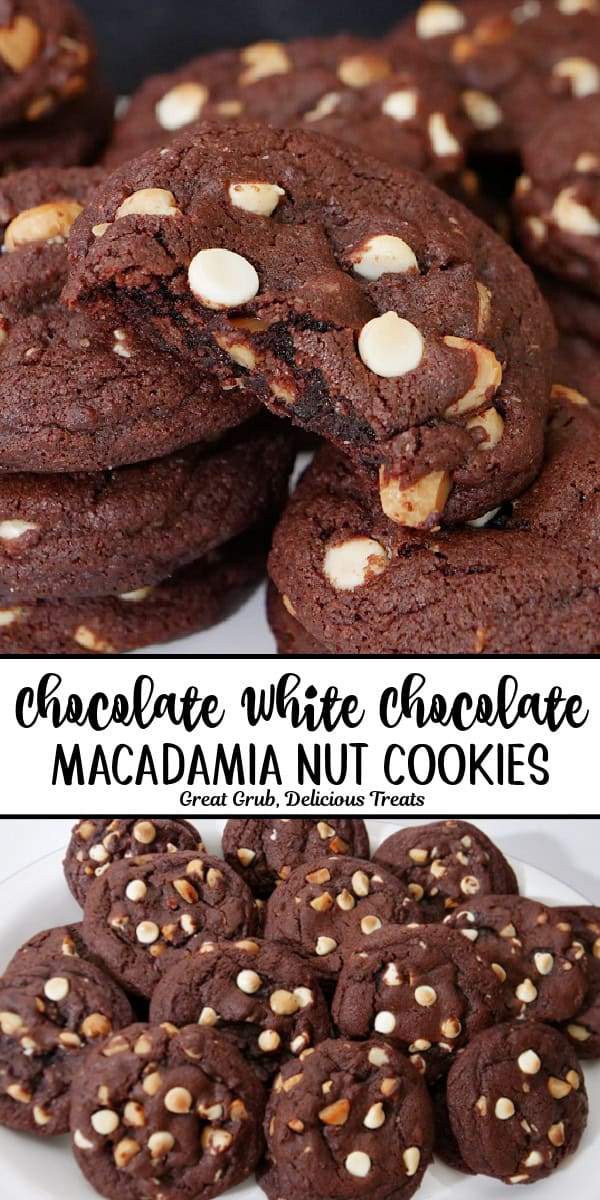 A double collage photo of chocolate white chocolate macadamia nut cookies with the title of the recipe in between the two photos.