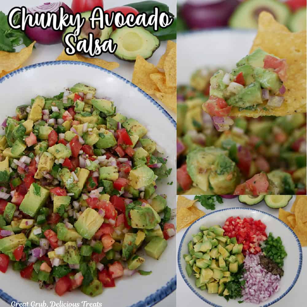 A three collage photo of chunky avocado salsa with the title in text at the top.