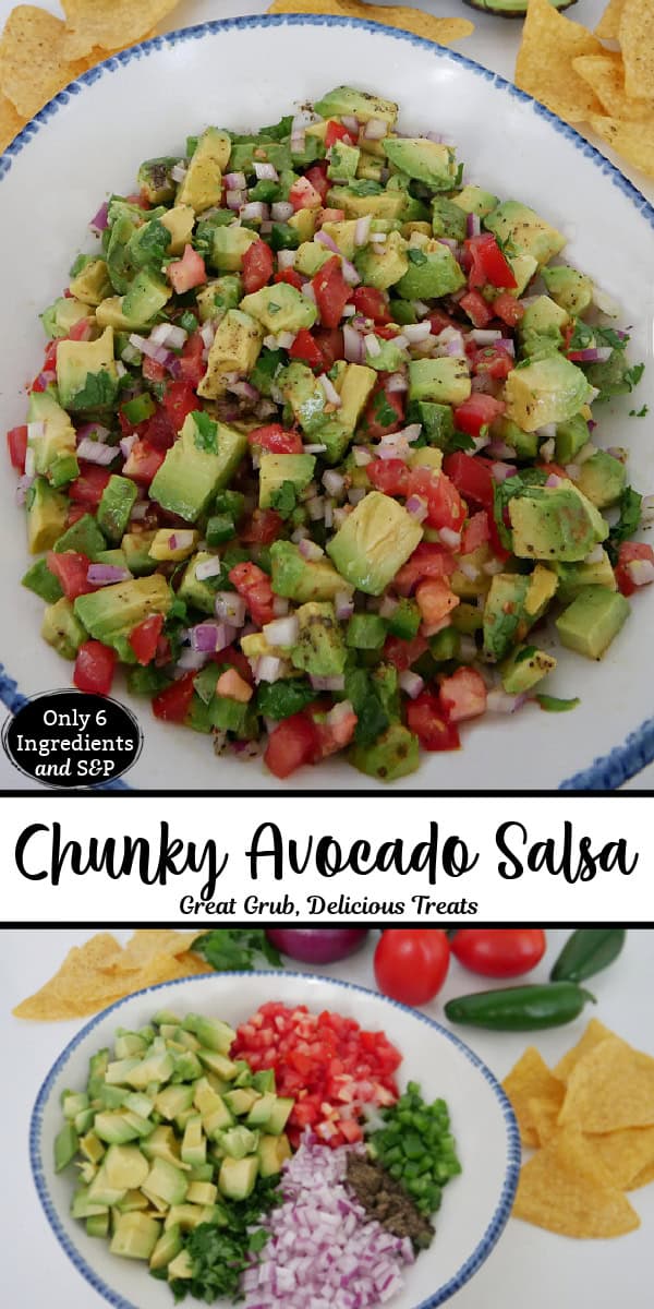A double collage photo of chunky avocado salsa with the title of the recipe in text in between the two photos.
