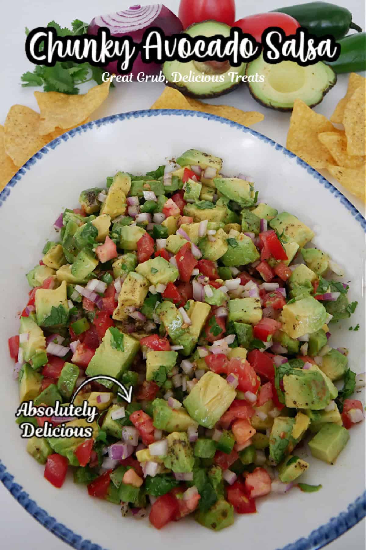 A white bowl with blue trim filled with a chunky avocado salsa with the title in text at the top of the photo.