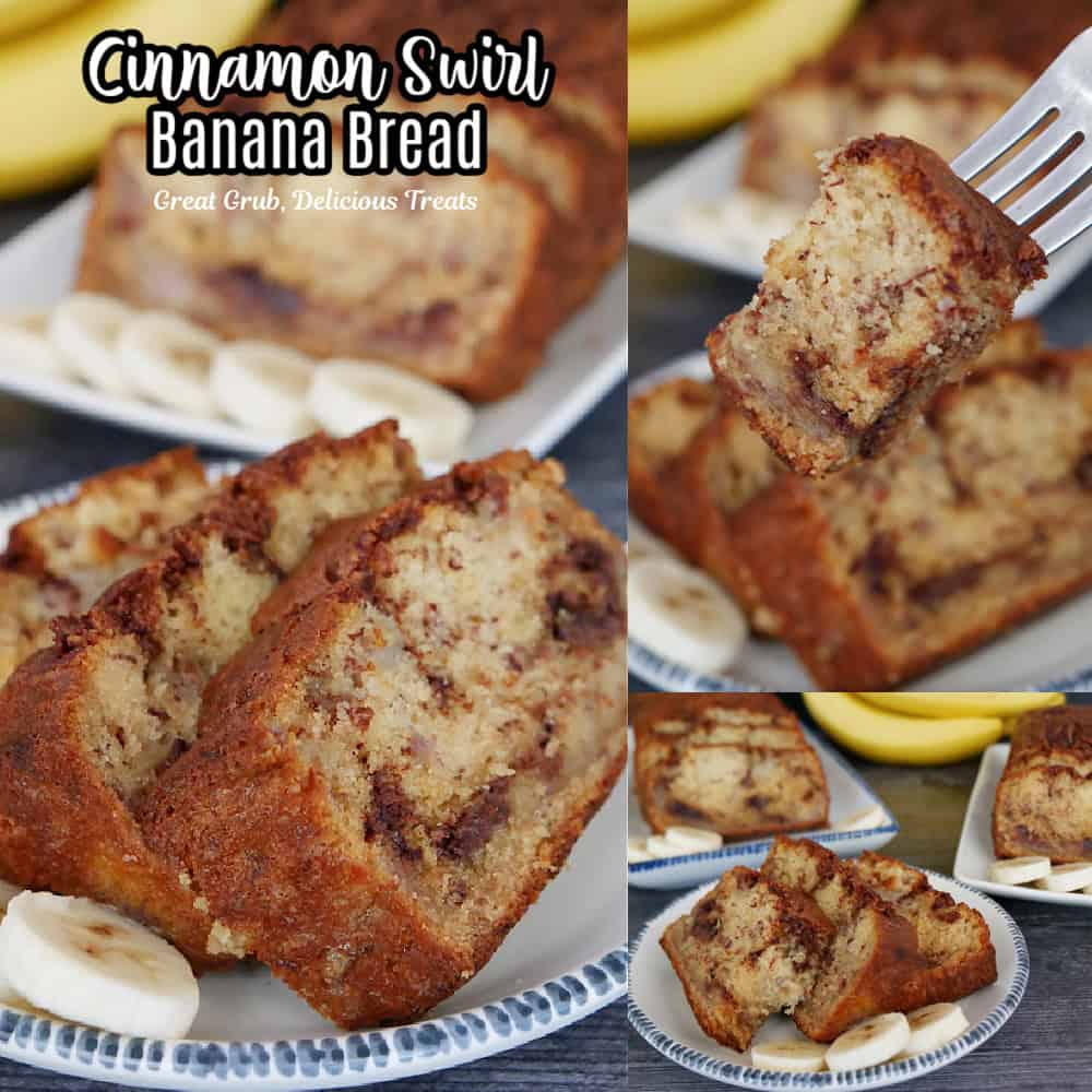 A three collage photo of cinnamon swirl banana bread.