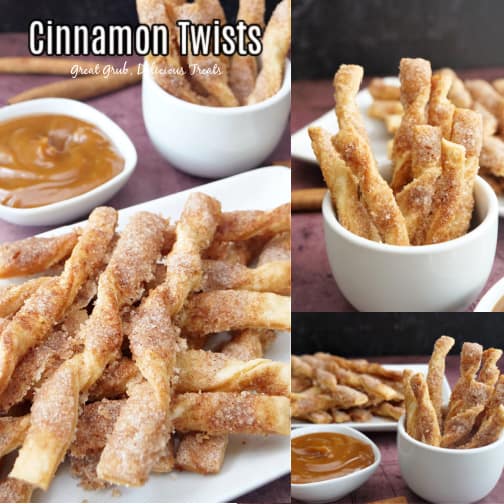 A three-picture collage of cinnamon twists with the title at the top left.