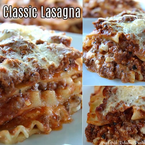 This Classic Lasagna recipe with cottage cheese makes a delicious weeknight dinner meal and is impressive enough to serve for a dinner party with guests. A three collage photo of Lasagna.