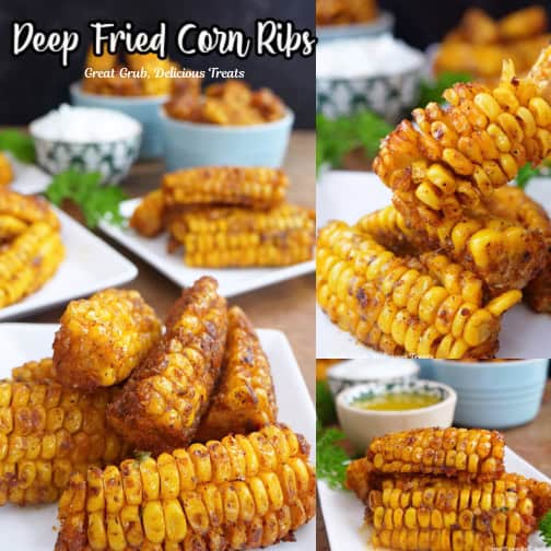 A three collage photo of corn ribs that on white square plates