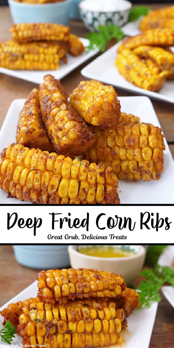 A double collage photo of deep fried corn ribs with the title of the recipe in text in the center of the two pictures.