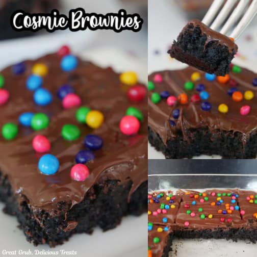 A three collage photo of cosmic brownies with the title of the recipe at the top.