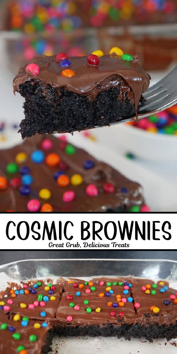 A double collage photo of copycat cosmic brownies with the title of the recipe in between the two pictures.