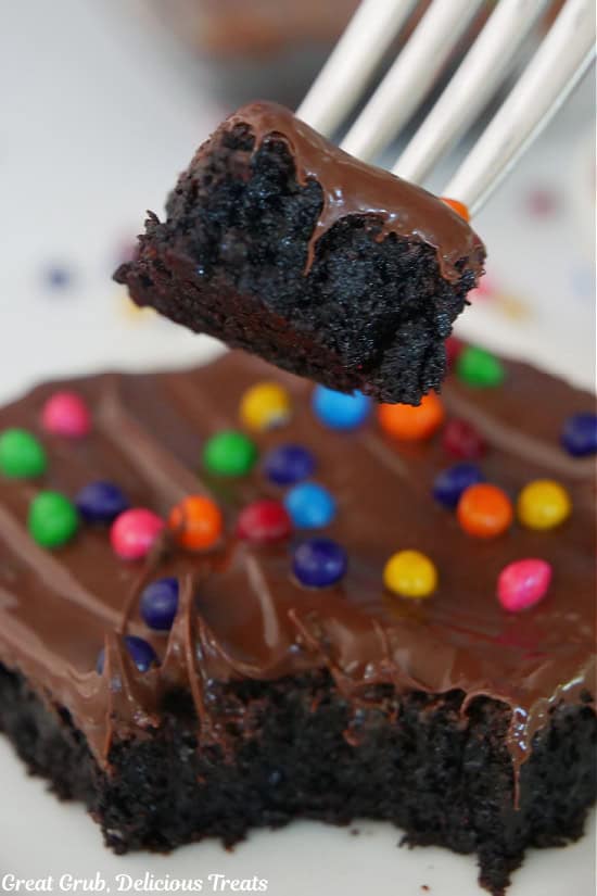 A bite of chocolate brownie on a fork.