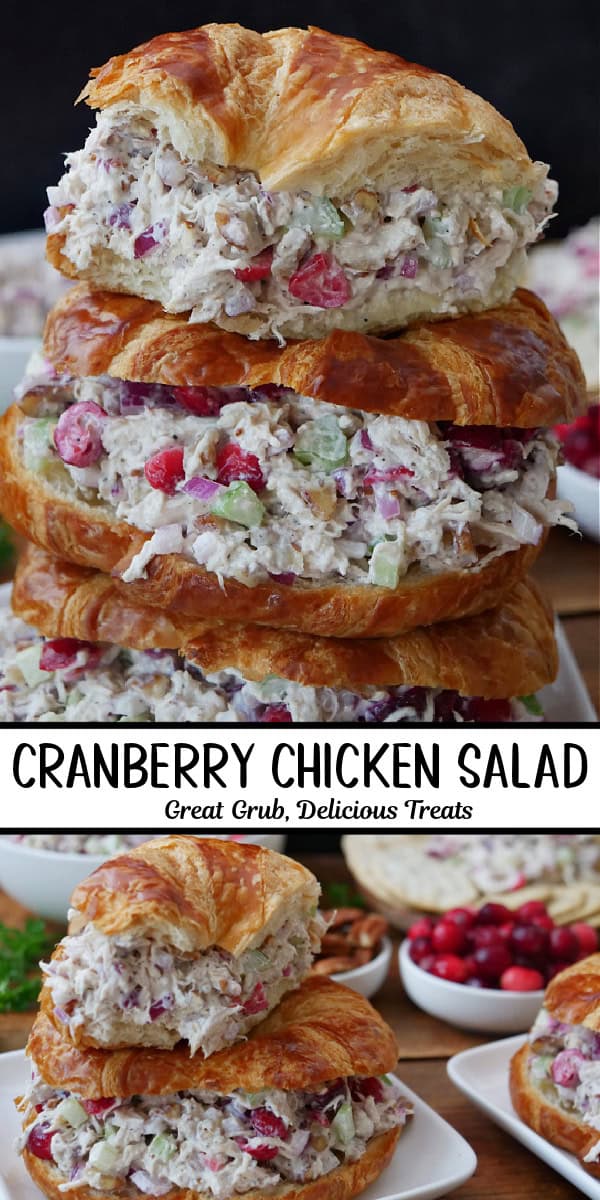 Crescent cranberry chicken salad sandwiches on white plates.