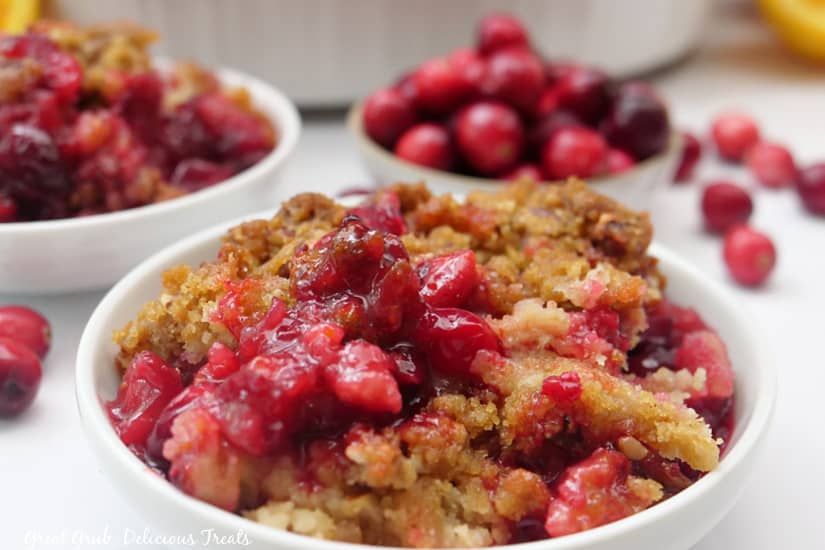 A landscape photo of a small bowl of cobbler with cranberries in the background.