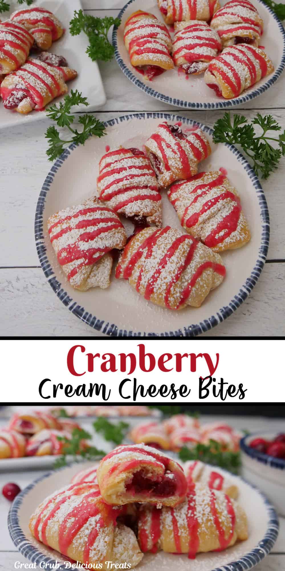 Two photos of bite-size cranberry pastries with the title overlay in the middle.