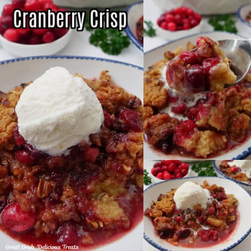 White bowls filled with cranberry crisp with vanilla ice cream on top.
