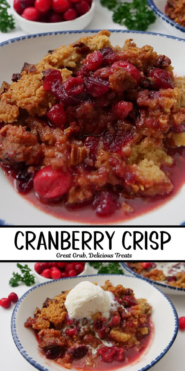Two photos of cranberry crisp with the title of the recipe in the center of the two photos.