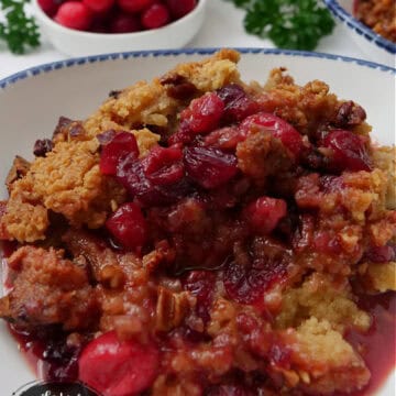 A white bowl with blue trim filled with a serving of cranberry crisp.