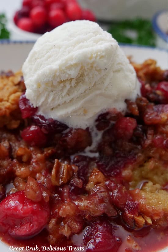 A close up picture of cranberry crisp in a bowl with a scoop of vanilla ice cream on top.