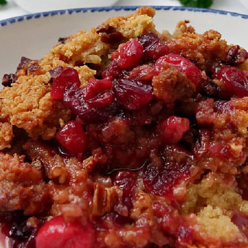 A white bowl with blue trim filled with a serving of cranberry crisp.