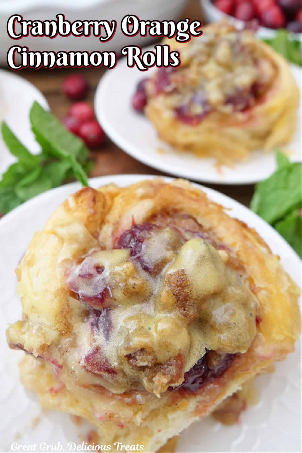 Two round plates with cinnamon rolls on each one and the title of the recipe at the top in text.