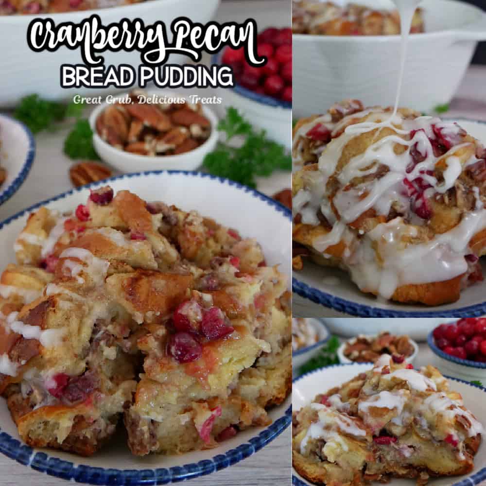 A three collage photo of bread pudding with cranberries and pecans.