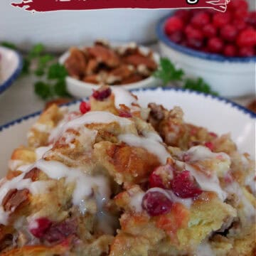 A white bowl with blue trim with a serving of cranberry pecan bread pudding in it and the title of the recipe in text at the top.