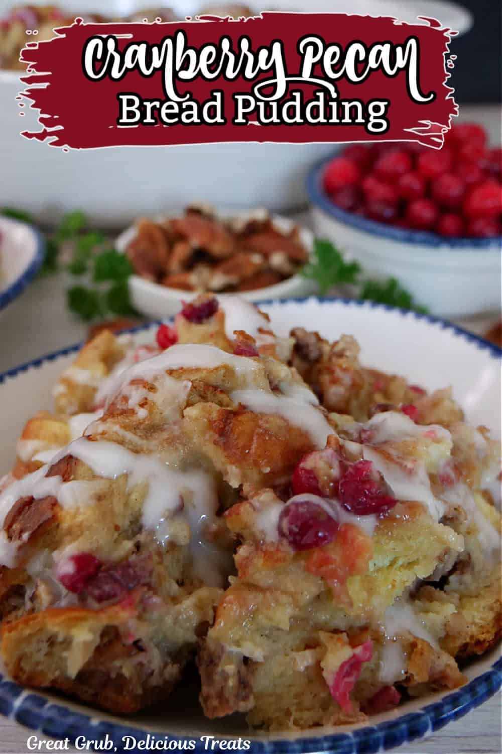 A white bowl with blue trim with a serving of cranberry pecan bread pudding in it and the title of the recipe in text at the top.