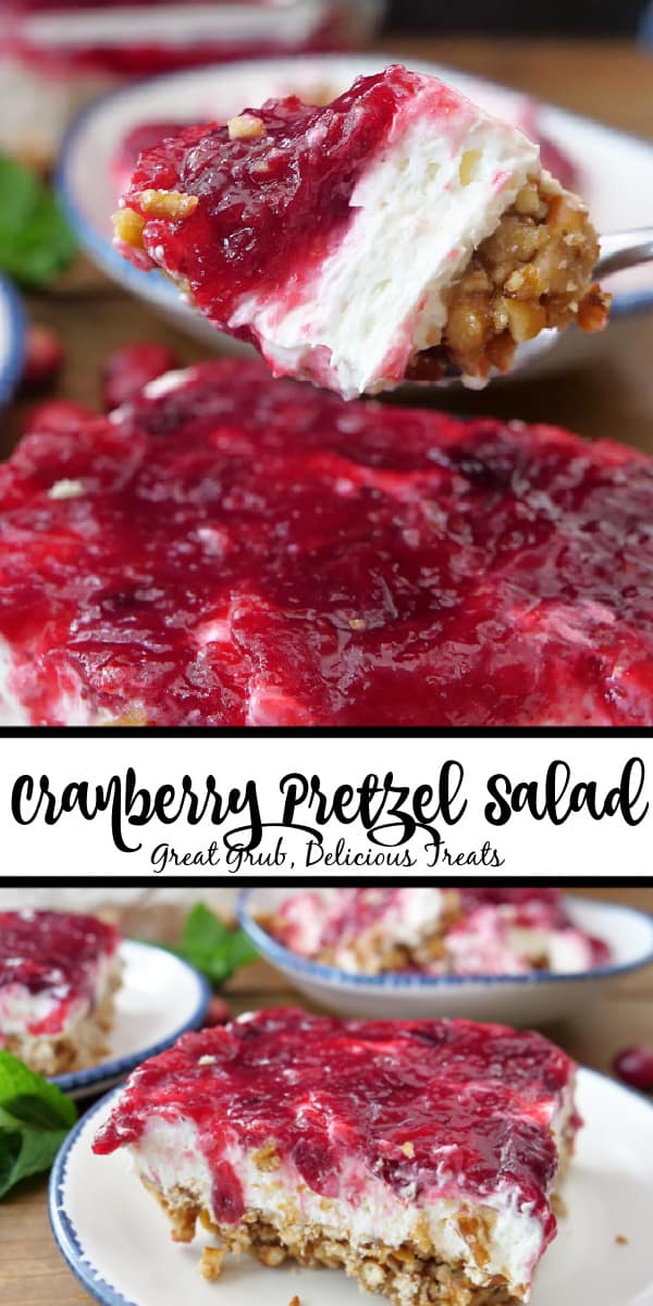 A double collage photo of cranberry pretzel salad.