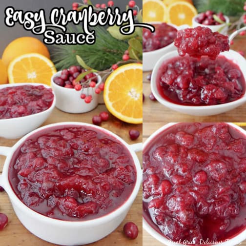 A three photo collage of homemade cranberry sauce in two white bowls.
