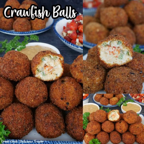 A three collage photo of deep fried crawfish balls.
