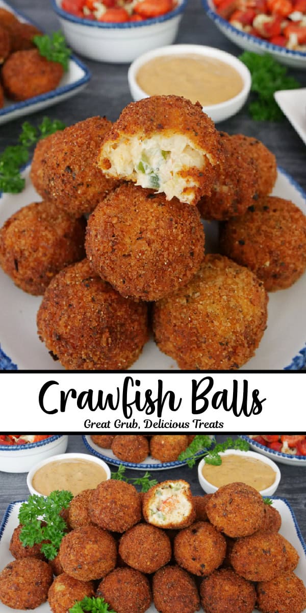 A double collage photo of crawfish balls that have been deep fried with the title of the recipe in text in the center of the two photos.