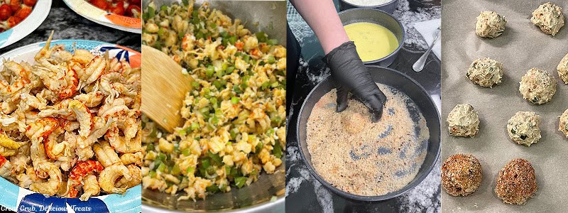 Four photos of the process of making the crawfish balls.