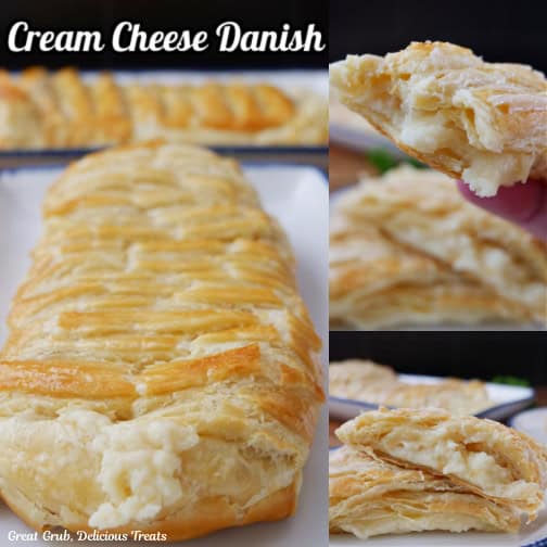 A three collage photo of a cheese danish braid.