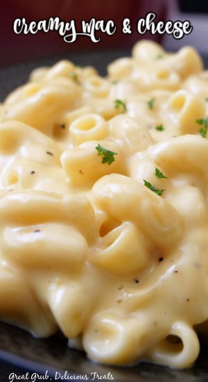 A close up photo of a serving of macaroni and cheese in a black bowl.
