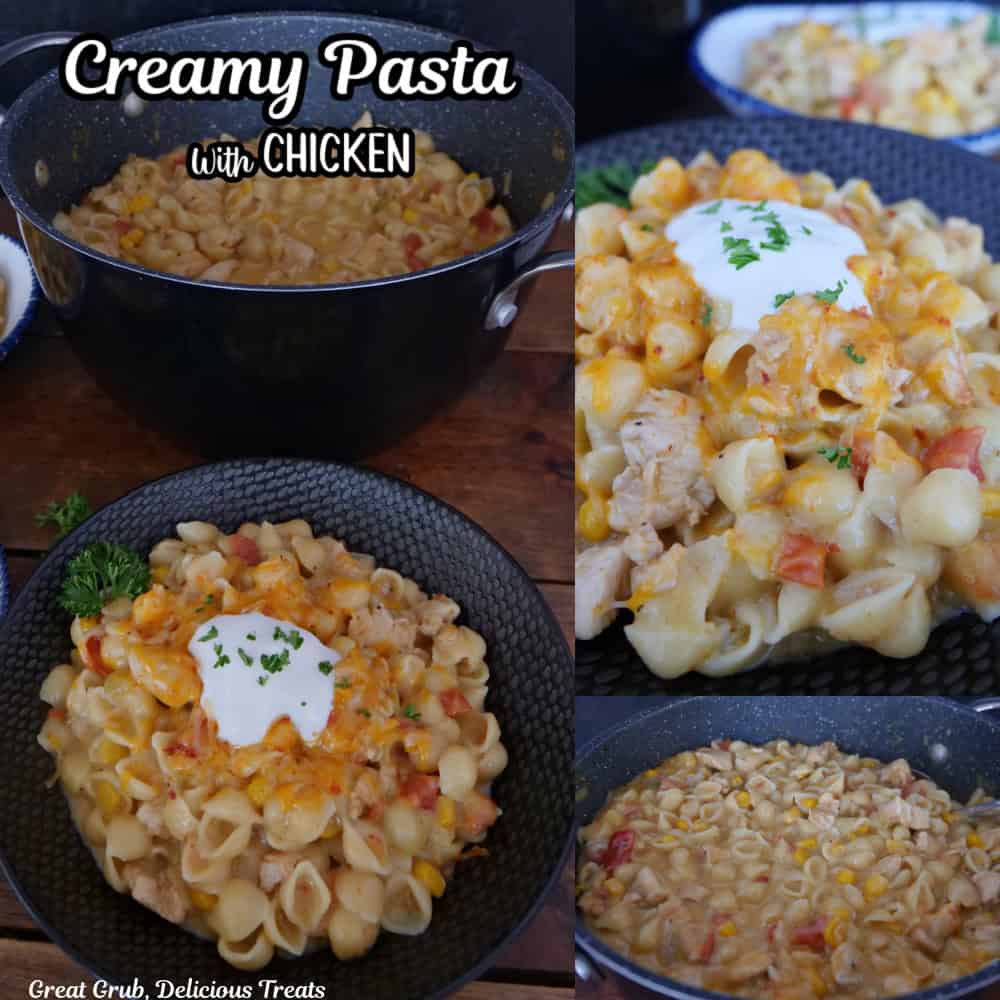 A three collage photo of creamy pasta with chicken with the title overlay at the top.