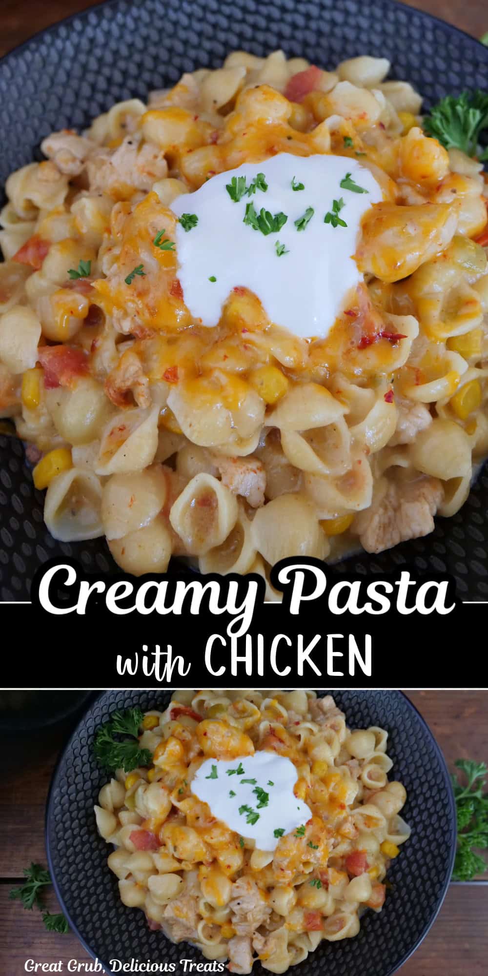 Two photos of creamy pasta with the title overlay in the center of the two photos.