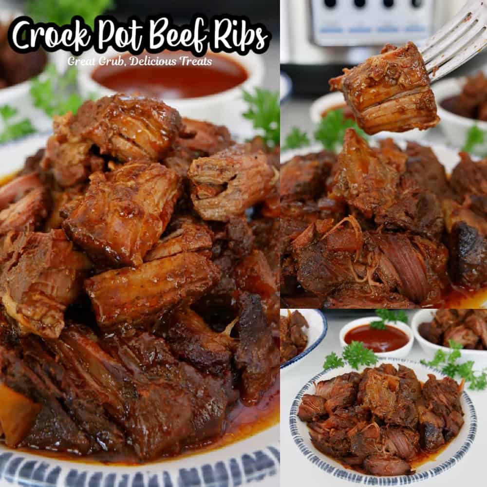 A three collage photo of crock pot beef ribs.