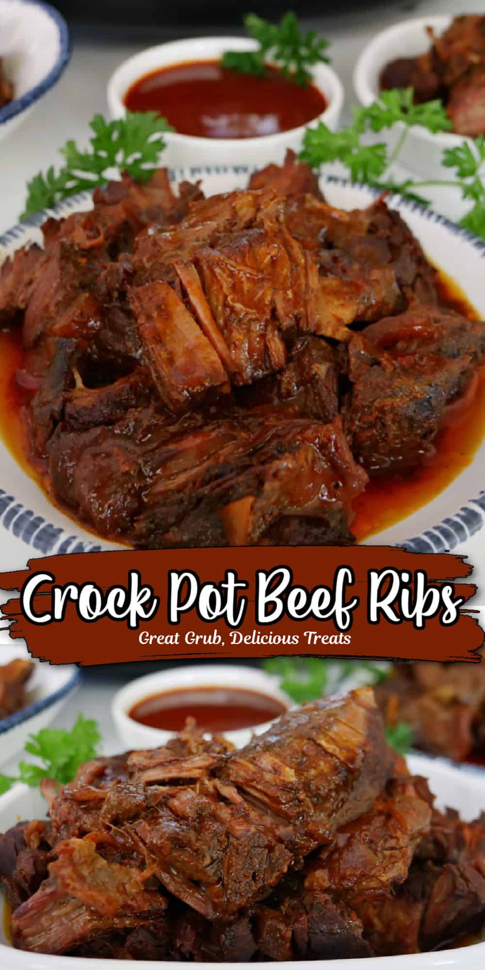 A double collage photo of beef ribs made in the crock pot.