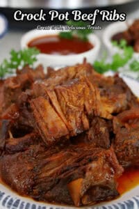 Boneless beef ribs on a white plate with blue trim, and the title of the recipe at the top.