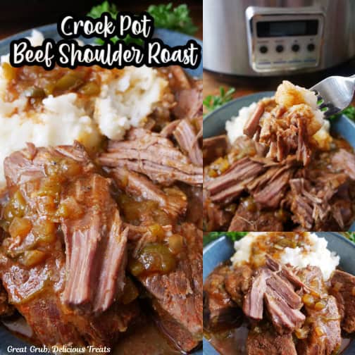 A three collage photo of crock pot beef shoulder roast.