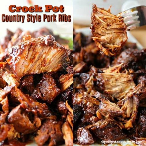 Crock Pot Country-Style Pork Ribs are slow cooked, tender and meaty. A three photo collage of pork ribs that were made in the crock pot.