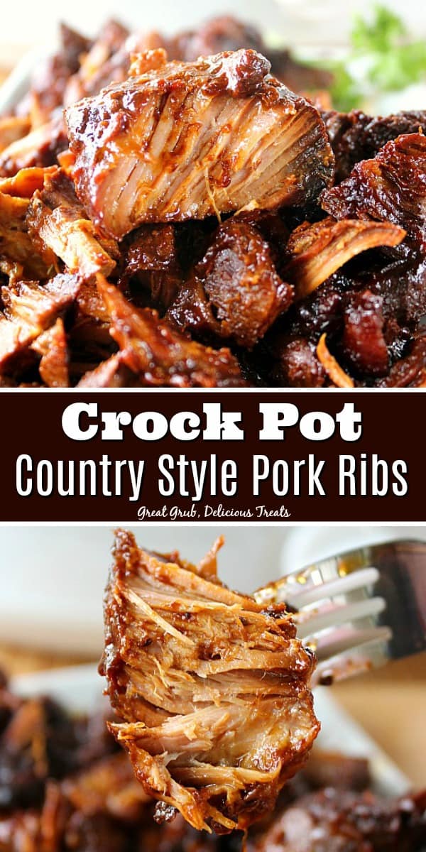 Crock Pot Country-Style Pork Ribs are super flavorful, meaty and fall off the fork tender. A double photo collage of boneless pork ribs.
