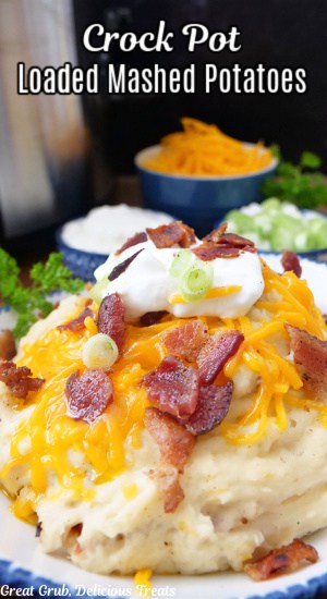 A white bowl with blue trim filled with a serving of crock pot loaded mashed potatoes.