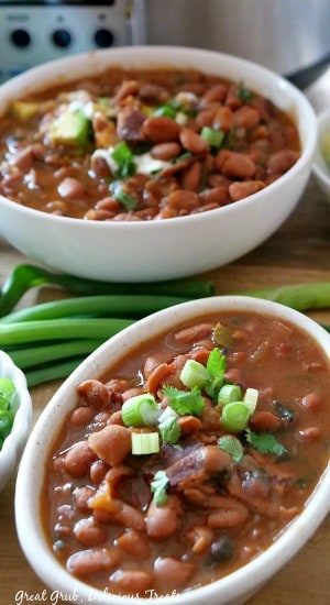 Crock Pot Spicy Charro Beans Two white bowls filled with a serving of charro beans.