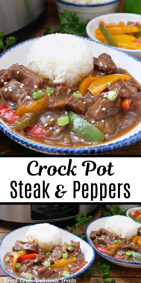 A double collage photo of steak and peppers with rice.